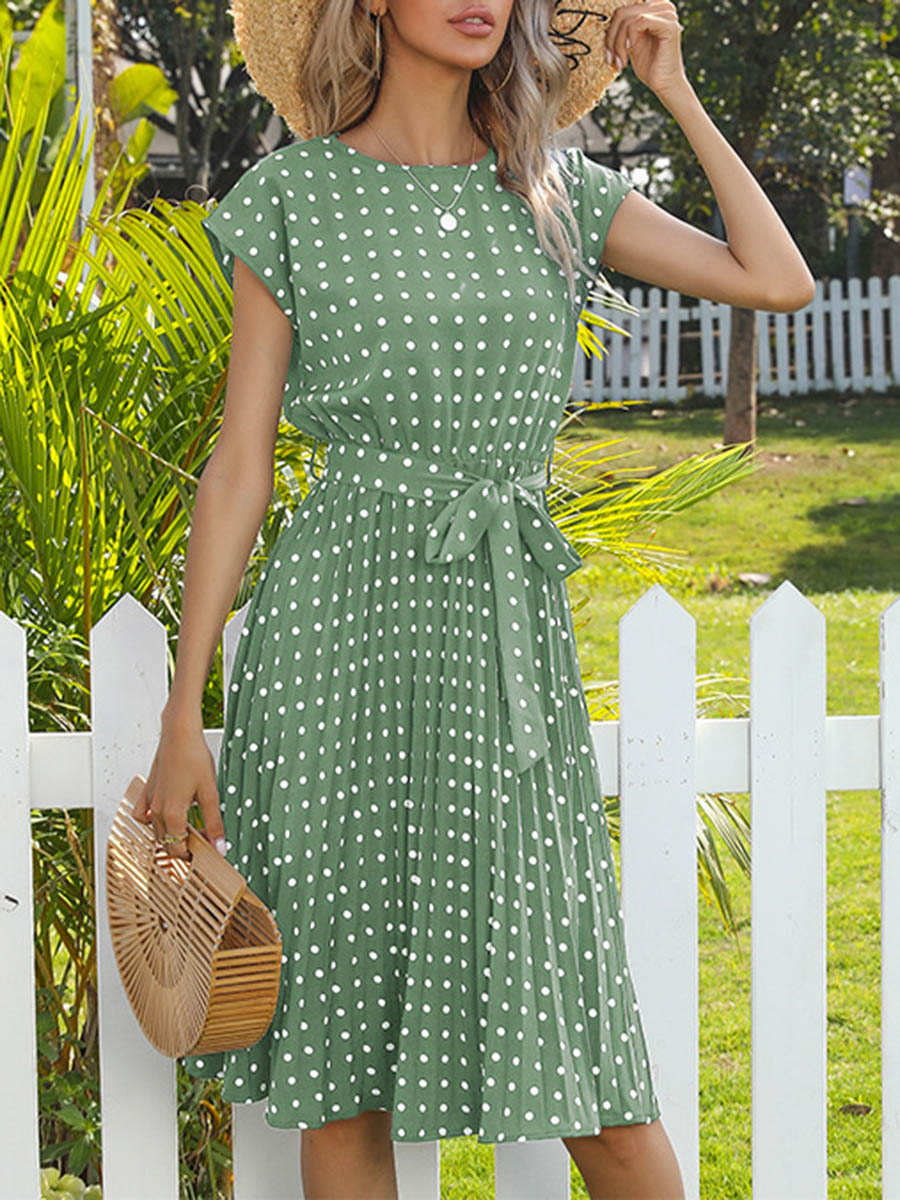 A-Line Cap Sleeve Buttoned Contrast Color Pleated Polka-Dot Split-Joint Tied Waist Round-Neck Midi Dresses