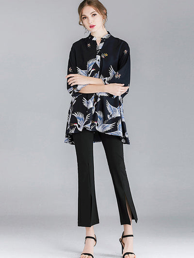 Original Crane Printed Buttoned Stand Collar Half Sleeves Blouse