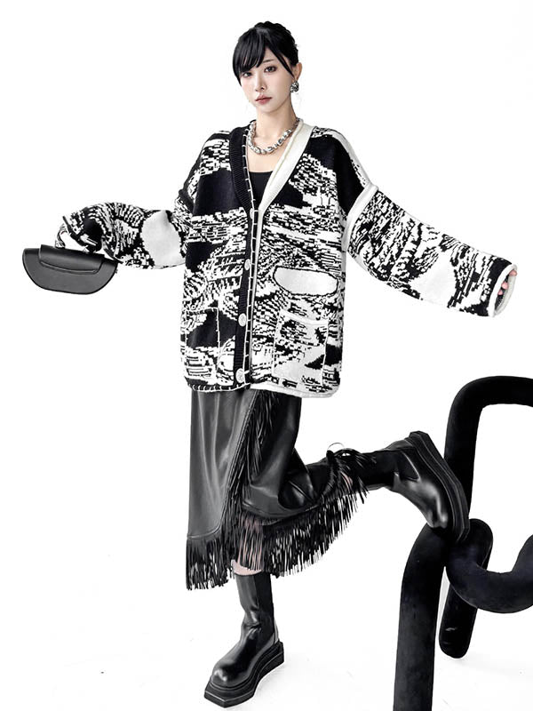 Long Sleeves Loose Abstract Printed Buttoned Contrast Color Pockets Split-Joint Collarless Cardigan Tops Outerwear