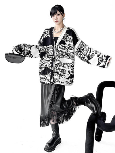 Long Sleeves Loose Abstract Printed Buttoned Contrast Color Pockets Split-Joint Collarless Cardigan Tops Outerwear