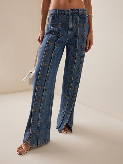 High Waisted Buttoned No Belt Split-Joint Jean Pants Bottoms