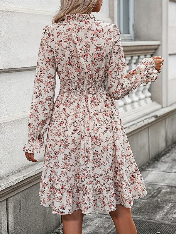 A-Line Long Sleeves Elasticity Flower Print V-Neck Midi Dresses