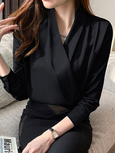 Long Sleeves Loose Buttoned Solid Color V-Neck Blouses&Shirts Tops