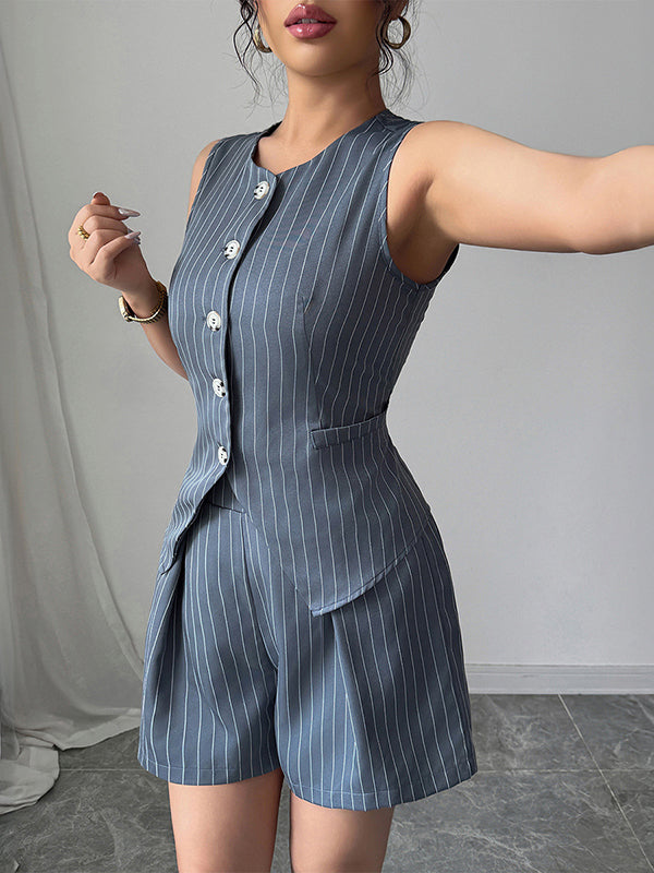 Sleeveless Buttoned Striped V-Neck Vest Top + Pleated Pockets Shorts Bottom Two Pieces Set