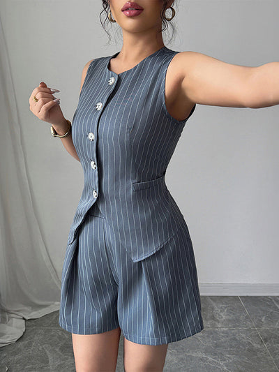 Sleeveless Buttoned Striped V-Neck Vest Top + Pleated Pockets Shorts Bottom Two Pieces Set
