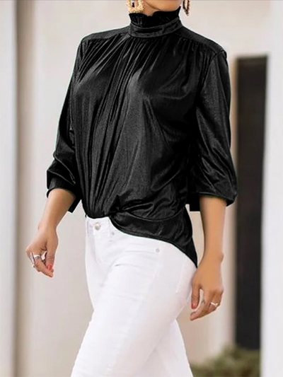 Loose Three-Quarter Sleeves Shiny Solid Color High-Neck Blouses&Shirts Tops