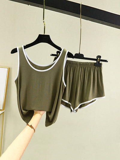 Home Wear Loose Sleeveless Contrast Color Round-Neck Vest&Shorts Pajamas Set
