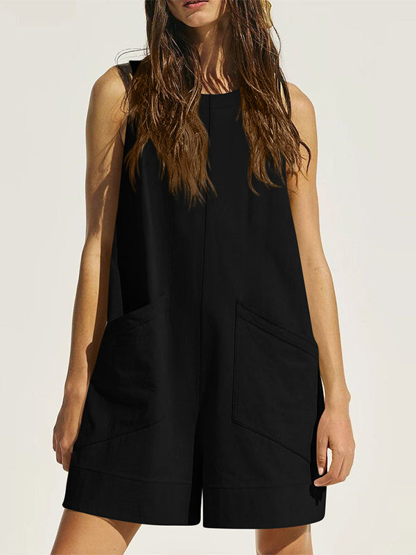 Loose Sleeveless Pockets Solid Color Round-Neck Rompers