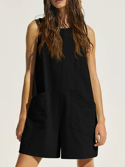 Loose Sleeveless Pockets Solid Color Round-Neck Rompers