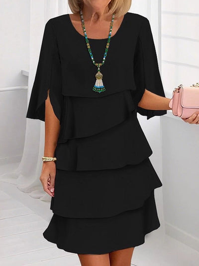 Half Sleeves Loose Layered Ruffled Solid Color Split-Joint Round-Neck Mini Dresses