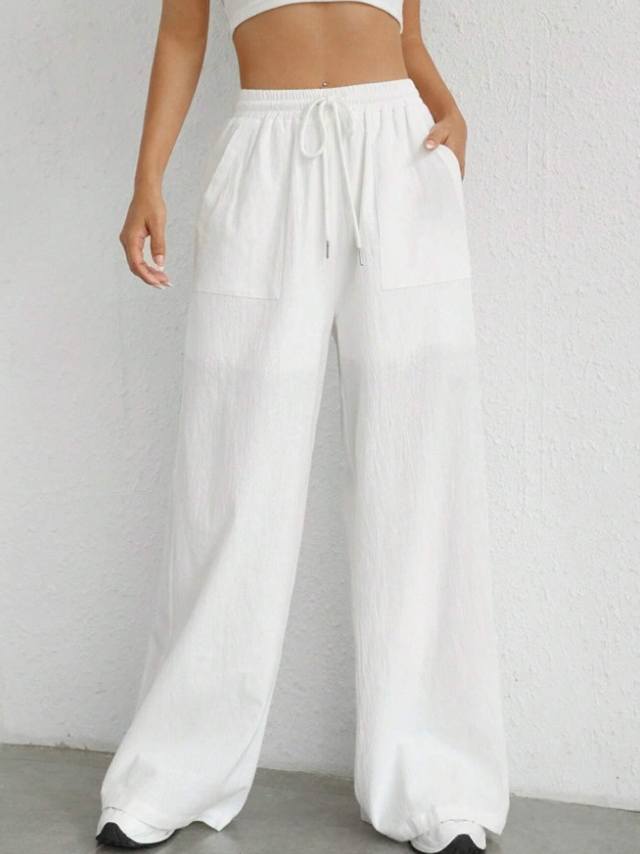 High Waisted Wide Leg Elasticity Pleated Pockets Solid Color Tied Waist Pants Trousers