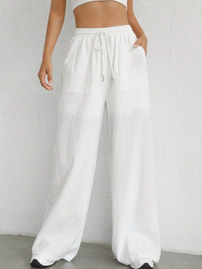 High Waisted Wide Leg Elasticity Pleated Pockets Solid Color Tied Waist Pants Trousers