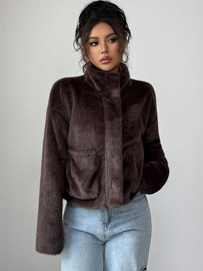 Long Sleeves Loose Pockets Solid Color Zipper Stand Collar Outerwear Sweater Tops