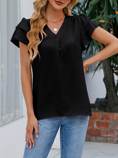 Loose Ruffle Sleeves Solid Color Split-Joint Textured V-Neck Blouses&Shirts Tops