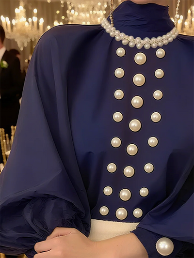 Loose Puff Sleeves Solid Color High Neck Blouses&Shirts Tops