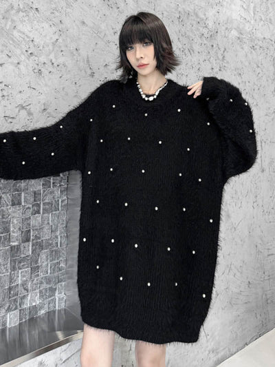 Long Sleeves Loose Beads Contrast Color Shiny Split-Joint Round-Neck Mini Dresses Sweater Dresses
