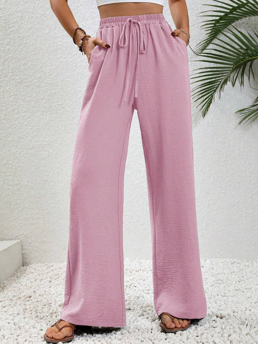 High Waisted Loose Elasticity Pleated Solid Color Tied Waist Pants Trousers