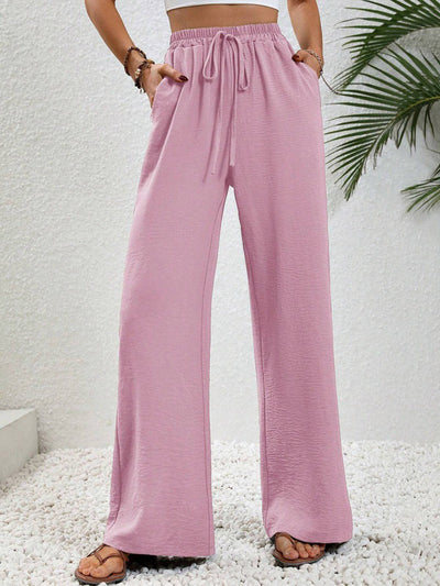 High Waisted Loose Elasticity Pleated Solid Color Tied Waist Pants Trousers