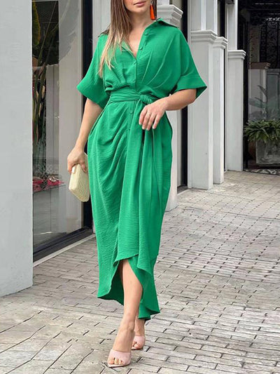 Elasticated Waist High Waisted Buttoned Pleated Solid Color Split-Joint Tied Waist Lapel Maxi Dresses Shirt Dress