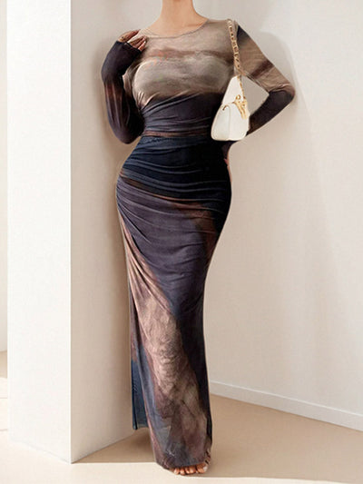 Bodycon High Waisted Contrast Color Pleated Printed Split-Joint Round-Neck Maxi Dresses