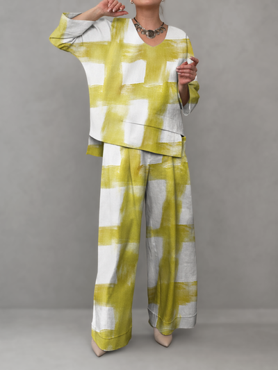 Contrast Color Printed V-Neck Long Sleeves Asymmetric Blouses&Shirts Tops + High Waisted Pockets Pants Trousers Two Pieces Set