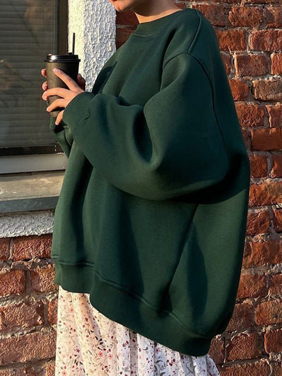 Long Sleeves Loose Solid Color Round-Neck Sweatshirt Tops