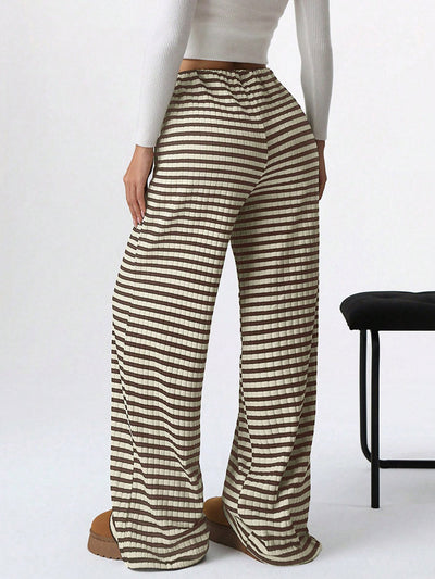 Elasticated Waist High Waisted Contrast Color Drawstring Split-Joint Striped Pants