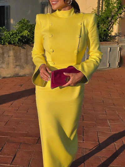 Flared Sleeves High Waisted Buttoned Solid Color Mock Neck Midi Dresses
