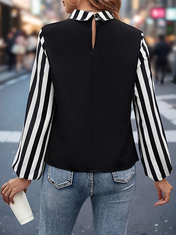 Long Sleeves Loose Split-Joint Striped Lapel Blouses&Shirts Tops
