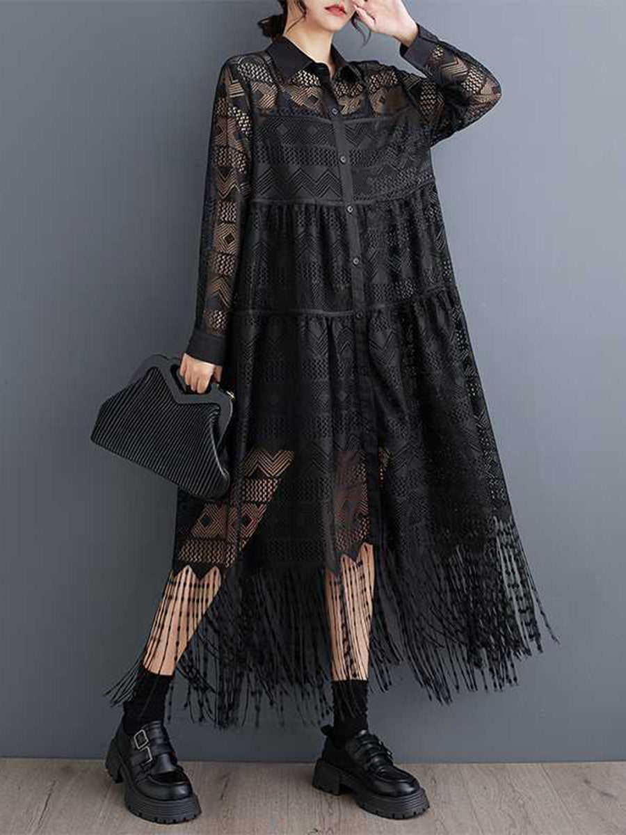A-Line Long Sleeves Buttoned Printed See-Through Split-Joint Tasseled Lapel Midi Dresses