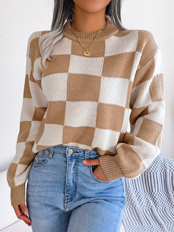 Long Sleeves Loose Contrast Color Plaid Round-Neck Sweater Tops
