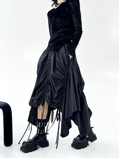 A-Line Elasticated Waist Asymmetric Drawstring Pleated Solid Color Skirts Bottoms