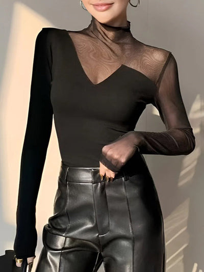 Long Sleeves Skinny Asymmetric Solid Color Split-Joint High Neck T-Shirts Tops