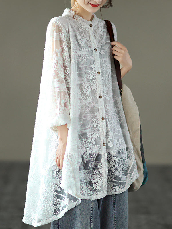 Vintage Loose Embroidered Lace Hollow Blouse