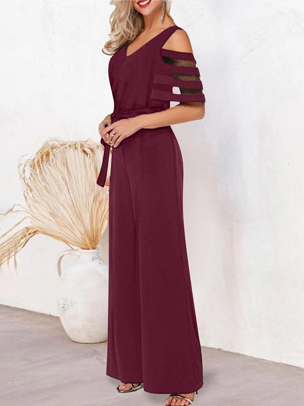 High Waisted Loose Hollow Mesh Solid Color Tied Waist V-Neck Jumpsuits