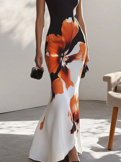Skinny Sleeveless Flower Print Round-Neck Maxi Dresses