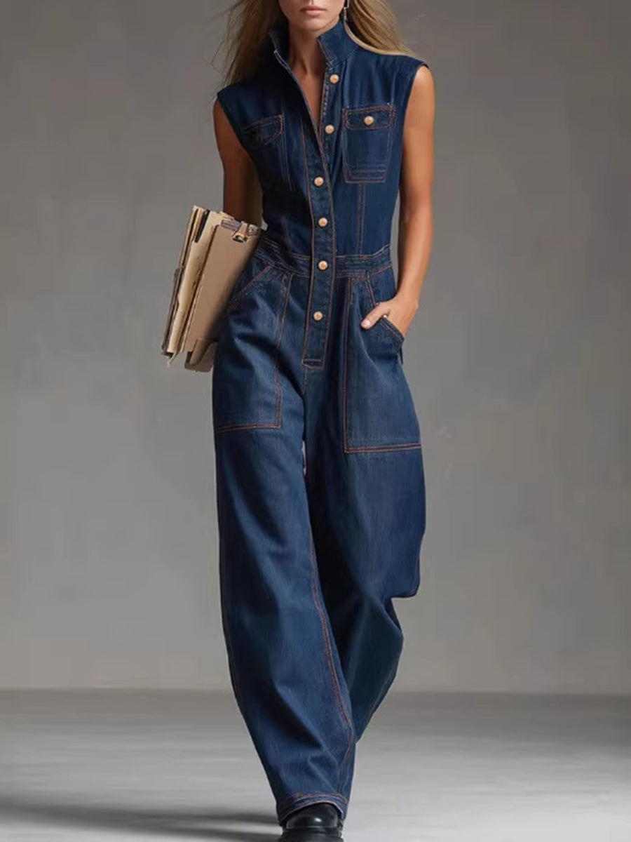 Loose Plus Size Buttoned Pockets Solid Color Split-Joint Stand Collar Jumpsuits