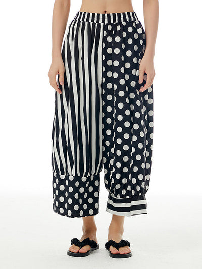 Loose Wide Leg Contrast Color Elasticity Polka-Dot Split-Joint Striped Cropped Trousers Pants