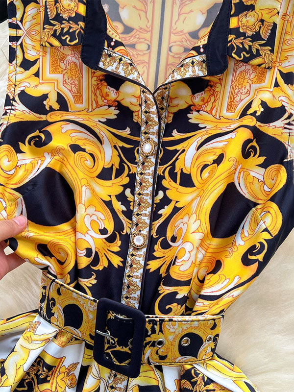 Sleeveless Belt Buckle Buttoned Contrast Color Floral Printed Midi Dresses