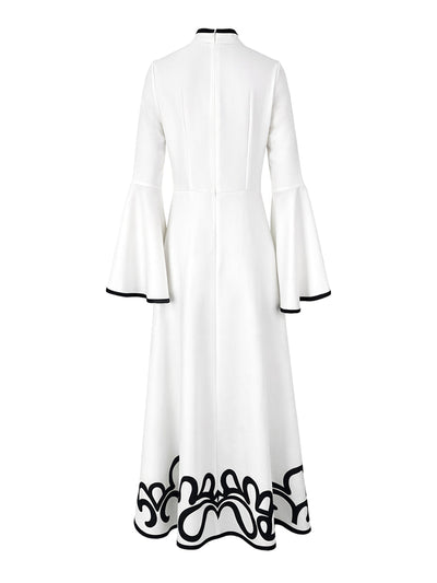 A-Line Flared Sleeves Abstract Printed Contrast Color Hollow Line Split-Joint Stand Collar Maxi Dresses