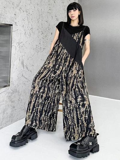 Loose Sleeveless Asymmetric Contrast Color Printed Split-Joint Spaghetti-Neck Overalls