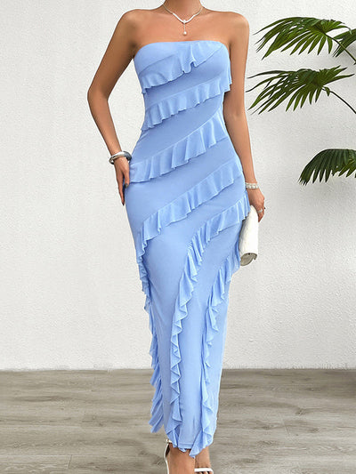 Bodycon High Waisted Ruffle Trim Solid Color Split-Back Split-Joint Tube Maxi Dresses