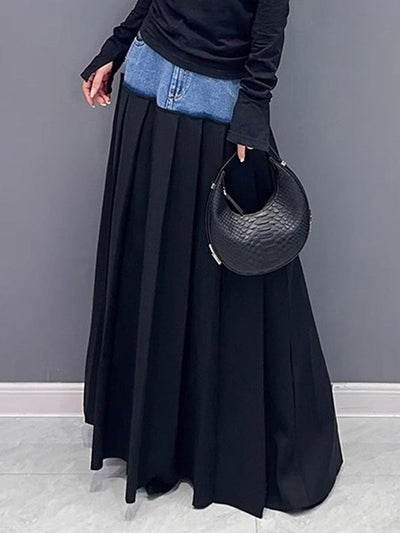 A-Line High Waisted Contrast Color Pleated Split-Joint Skirts Bottoms