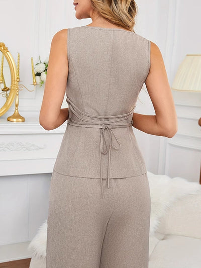 Loose Solid Color Sleeveless Lace-Up Vest + Straight Leg Pants Two Pieces Set