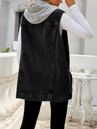Loose Sleeveless Buttoned Detachable Drawstring Hooded Pockets Split-Joint Polo Vest Outerwear