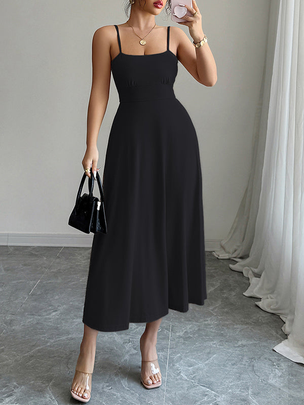 A-Line High Waisted Backless Pleated Solid Color Spaghetti-Neck Midi Dresses