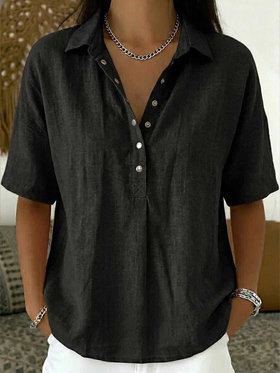 Half Sleeves Loose Buttoned Solid Color Lapel Blouses&Shirts Tops