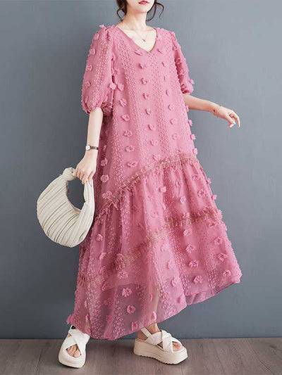 A-Line Half Sleeves Elasticity Jacquard Solid Color Split-Joint V-Neck Midi Dresses