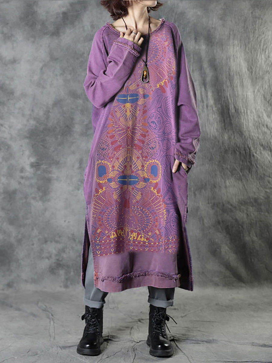 Plus Size Women Autumn Ethnic Print O-Neck Loose Cotton Dress