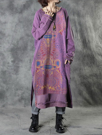Plus Size Women Autumn Ethnic Print O-Neck Loose Cotton Dress